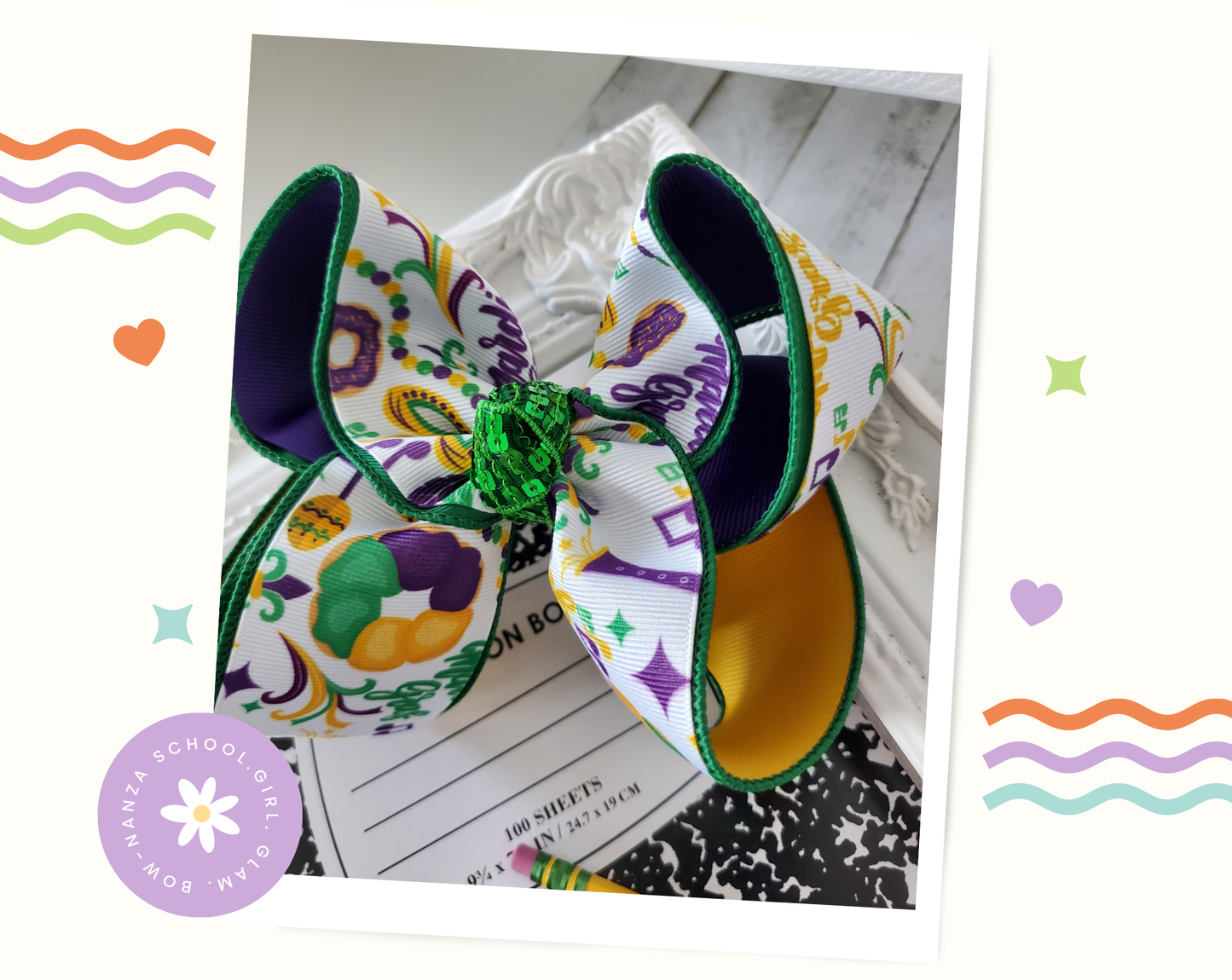 King Cake Mardi Gras Hair Bow
