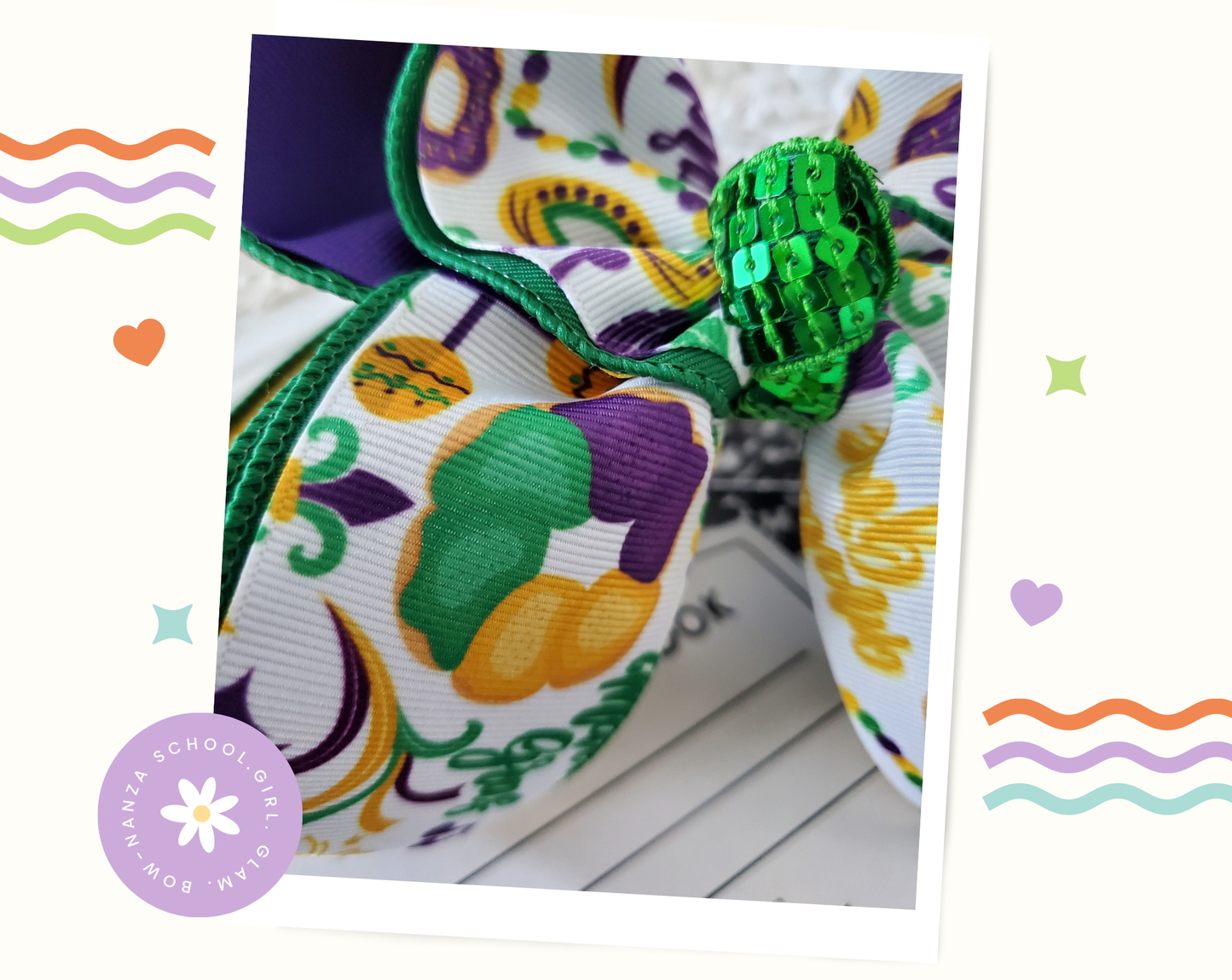 King Cake Mardi Gras Hair Bow