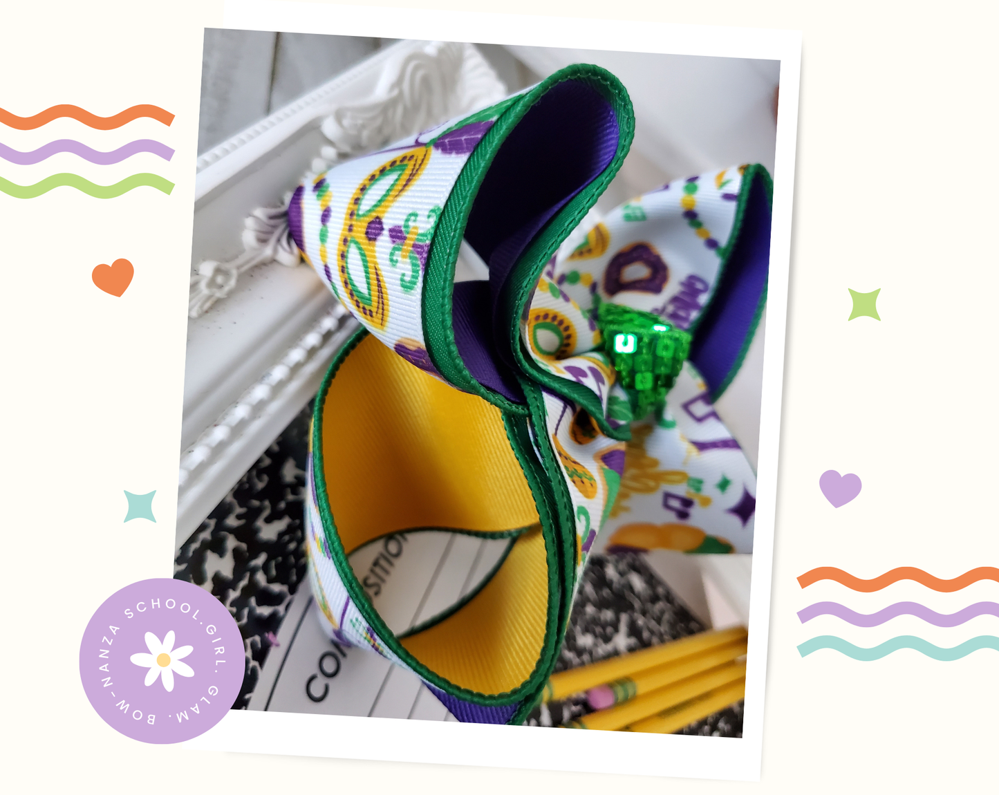 King Cake Mardi Gras Hair Bow