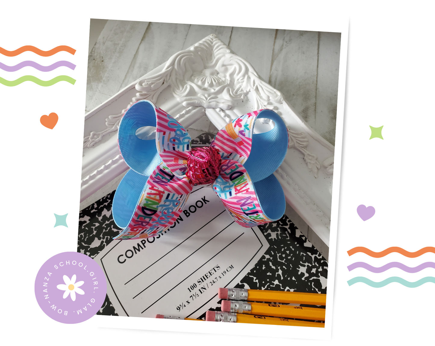 Hello Kindergarten Hair Bow Blue