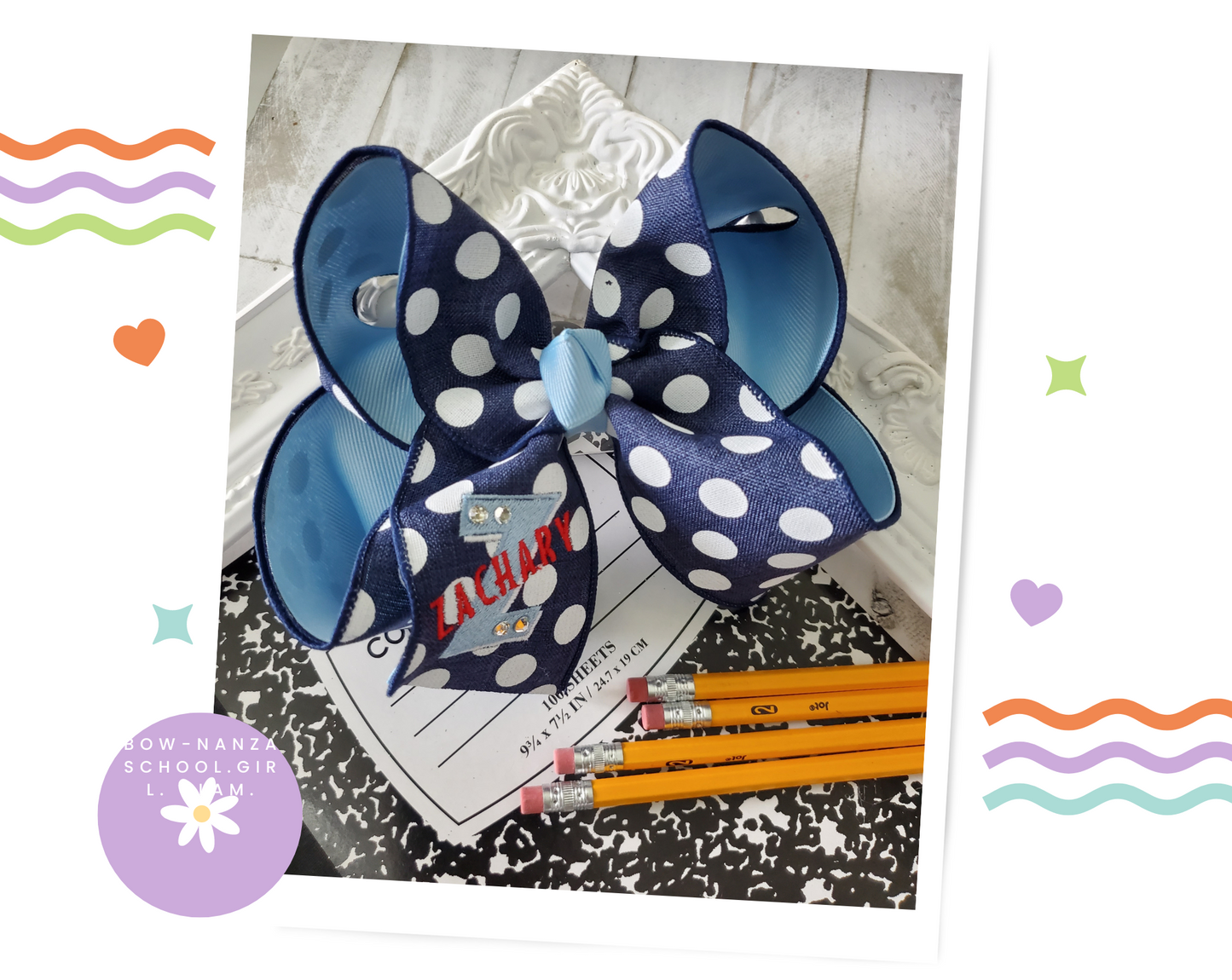 Zachary Logo Hair Bow Bling Blue Dots