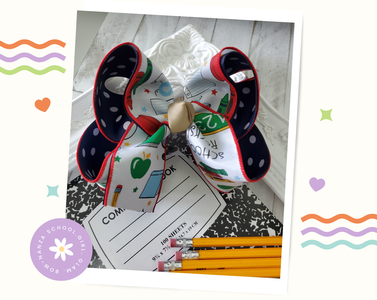 Back to School Hair Bow Navy Polka Dot
