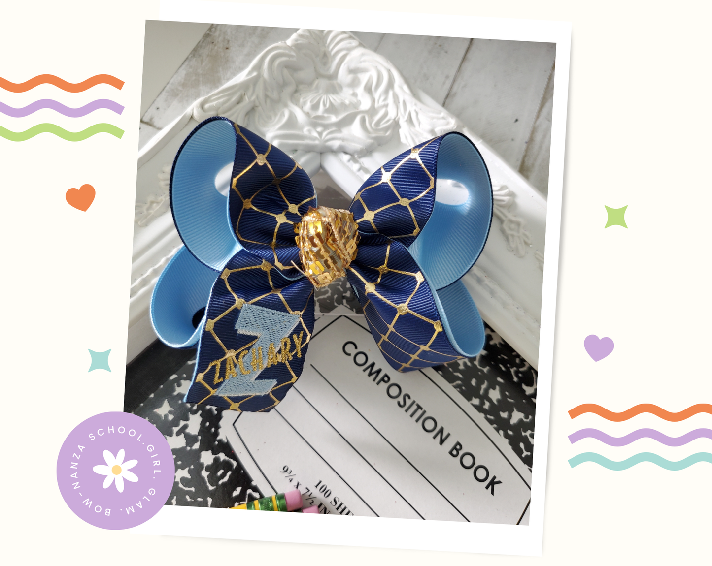 Zachary Embroidery Hair Bow Gold