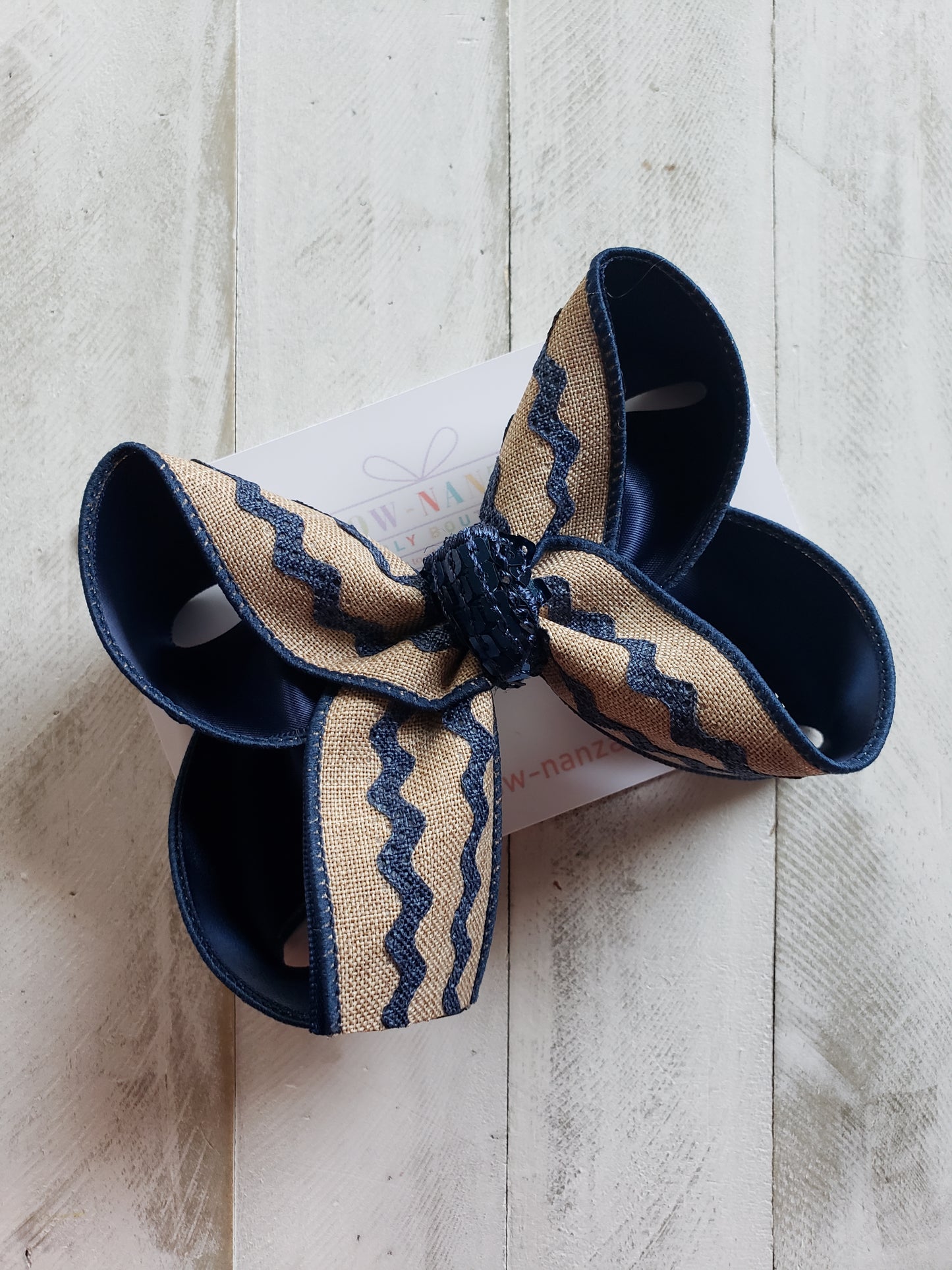 Khaki & Navy Ric-Rac Hair Bow