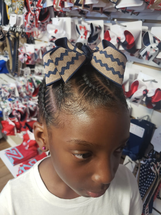 Khaki & Navy Ric-Rac Hair Bow