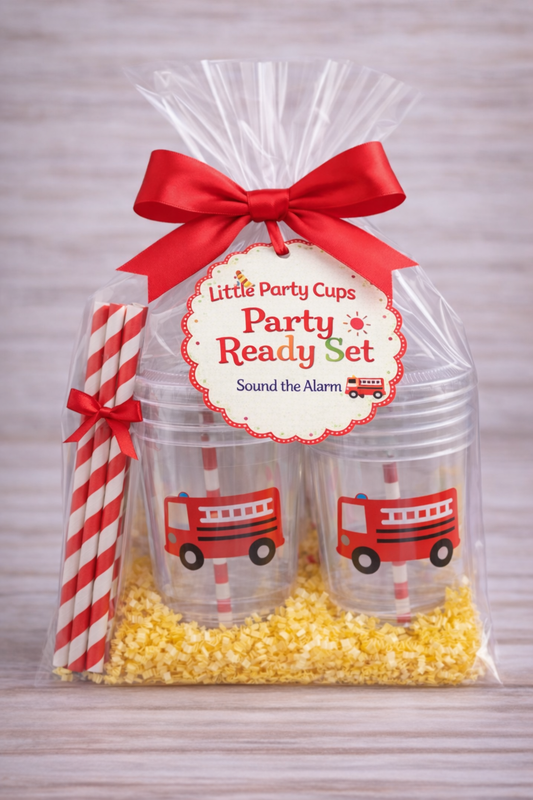 Fire Truck Party Cups | Kids Party Cups with Lids & Straws