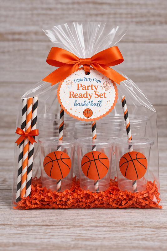 Basketball Party Cups | Kids Party Cups with Lids & Straws
