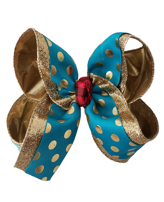 Teal Gold  Glitter Polka Dots Christmas Hair Bow